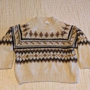 Zara Cream Fair Isle Crewneck Sweater with Brown and Black Accents